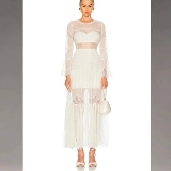 LoveShackFancy Rosney Sheer Ivory Lace Long Sleeve Dress - Picture 3 of 8